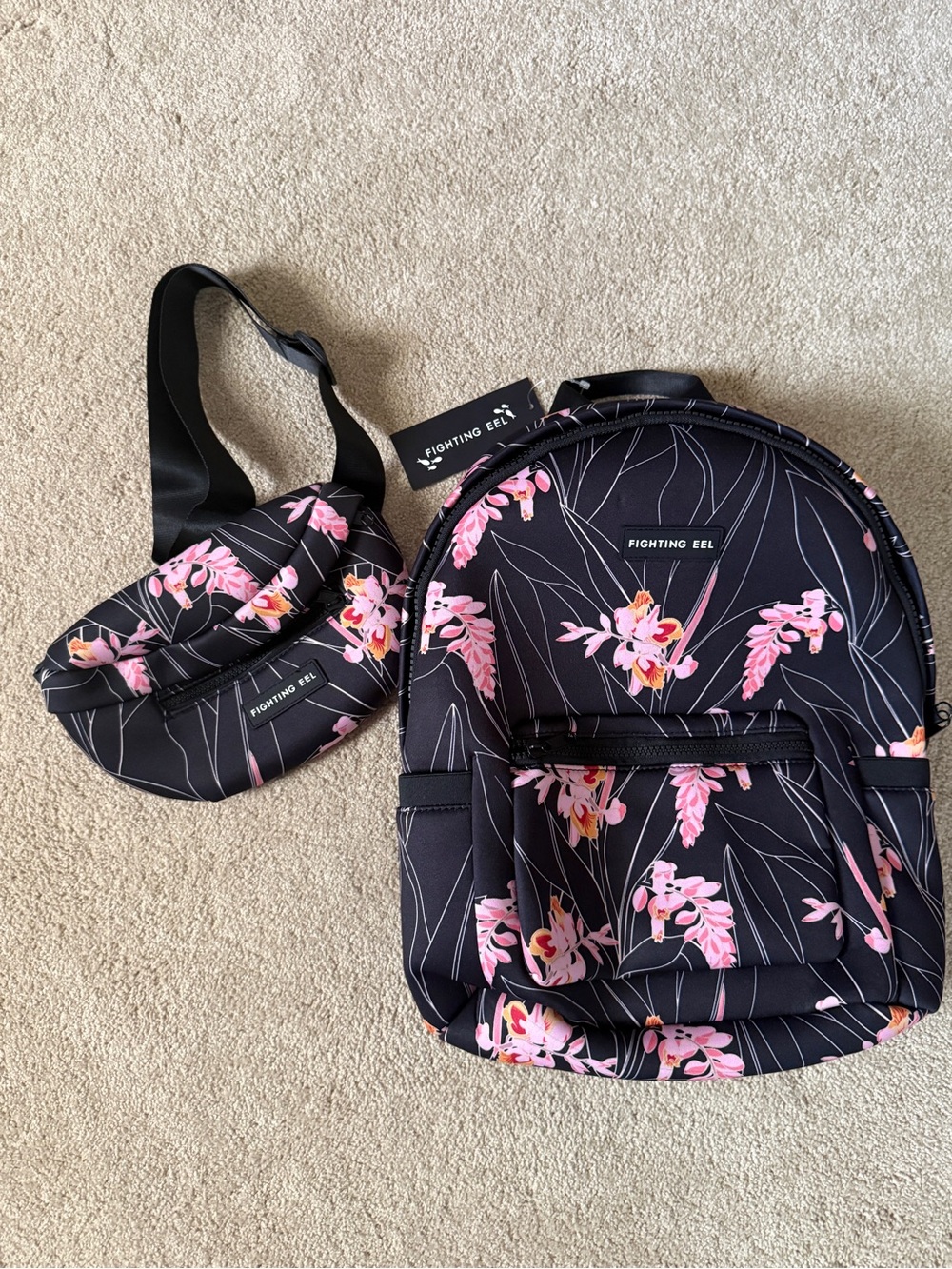 Fighting Eel Black Floral Backpack and Waist Bag Set